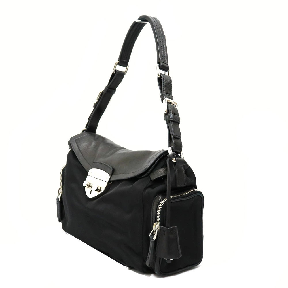 Prada Shoulder Leather One Black Bag Hobo Tessuto